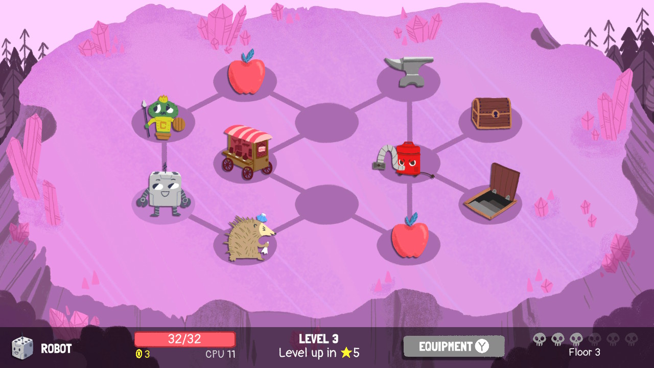 A map screen from Dicey Dungeons; circular nodes lay across a colorful background