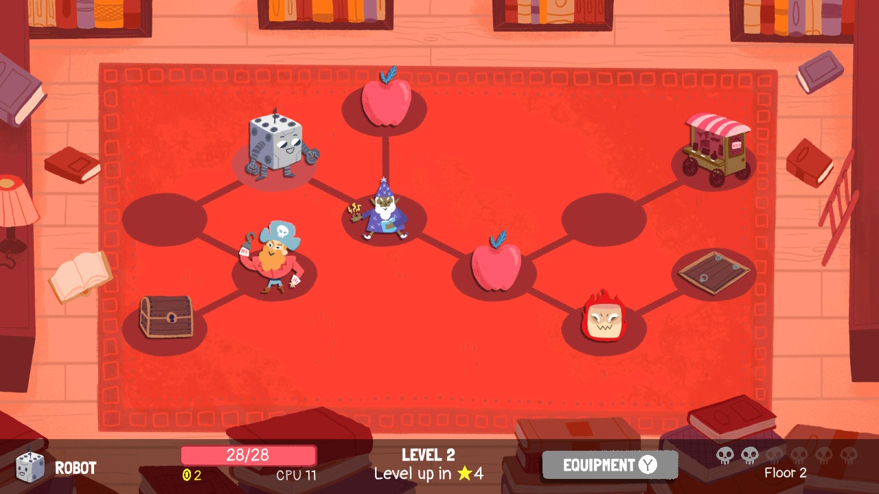 Another map screen; enemies and items inhabit a stylized library scene