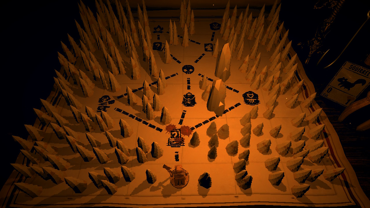 A map screen from Inscryption; it's a 3D parchment map decorated with wooden figures