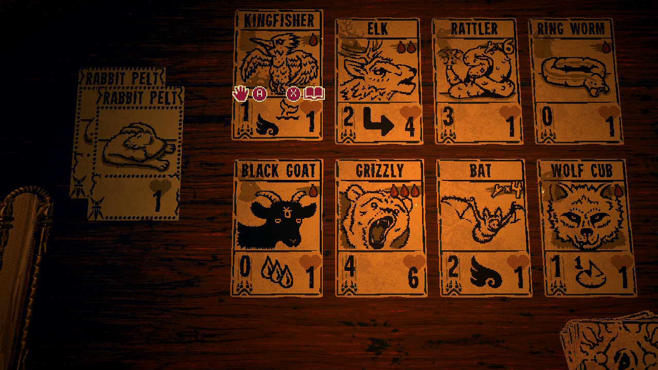 The Trader's shop screen; several cards are laid out on a wooden table