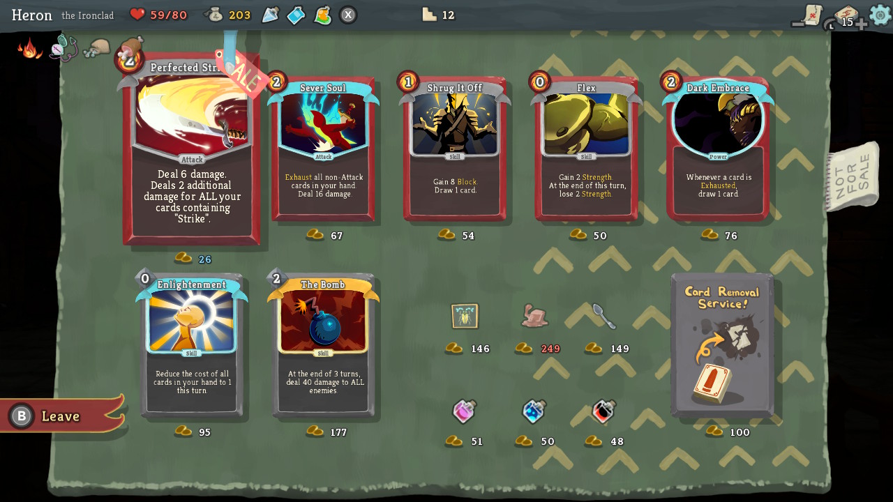 A shop screen from Slay the Spire; there are several cards and items for sale