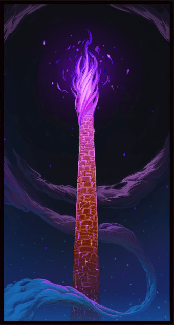 A brick spire rises against a dark blue sky, erupting in purple flames at the top